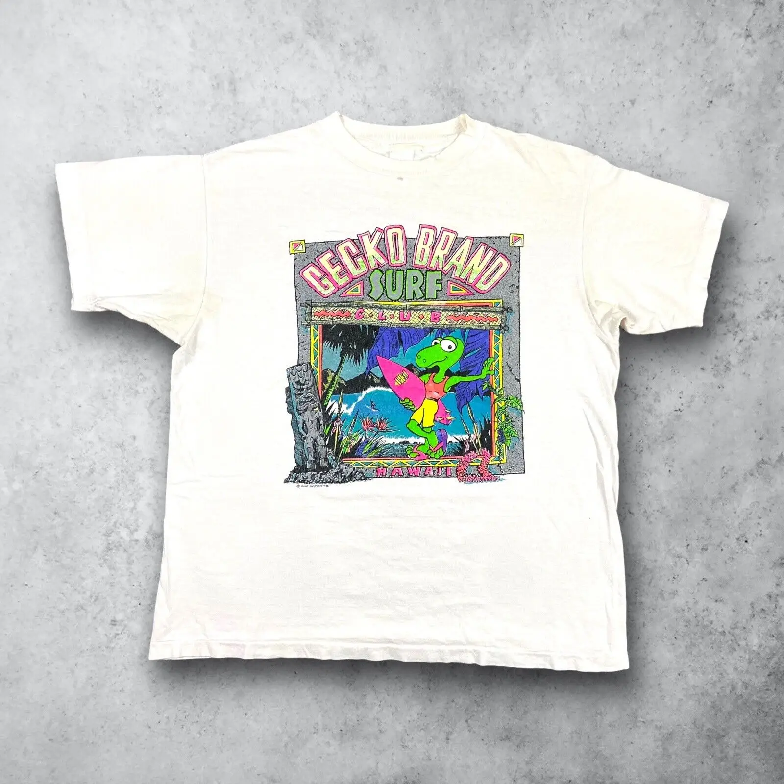 Vintage 90. letih Gecko blagovne Znamke Surf Havajih Neon Skate T-Shirt Bela, Velikost XL