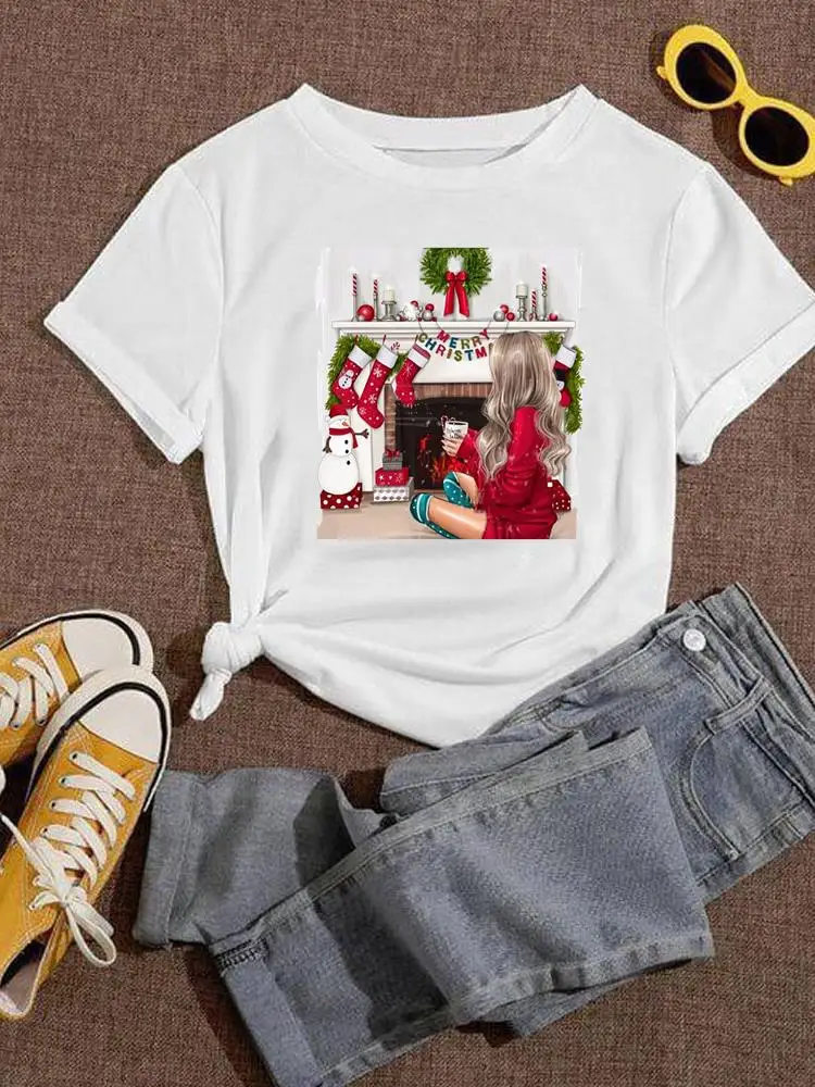 Božič Ženske Akvarel Lep Slog Trend Kratek Rokav T-Majice Lady Oblačila Za Novo Leto Natisnjeni Moda Grafični T Vrh Tee