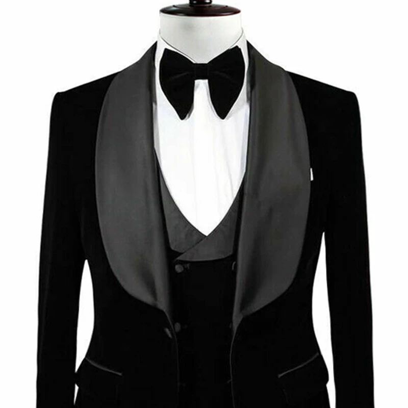 3 Kos Black Moške Obleke za Večerjo Maturantski Večerja Ženina Tuxedos Poroko Žamet Formalno Blazer Moški Modni Jakna Telovnik, Hlače z