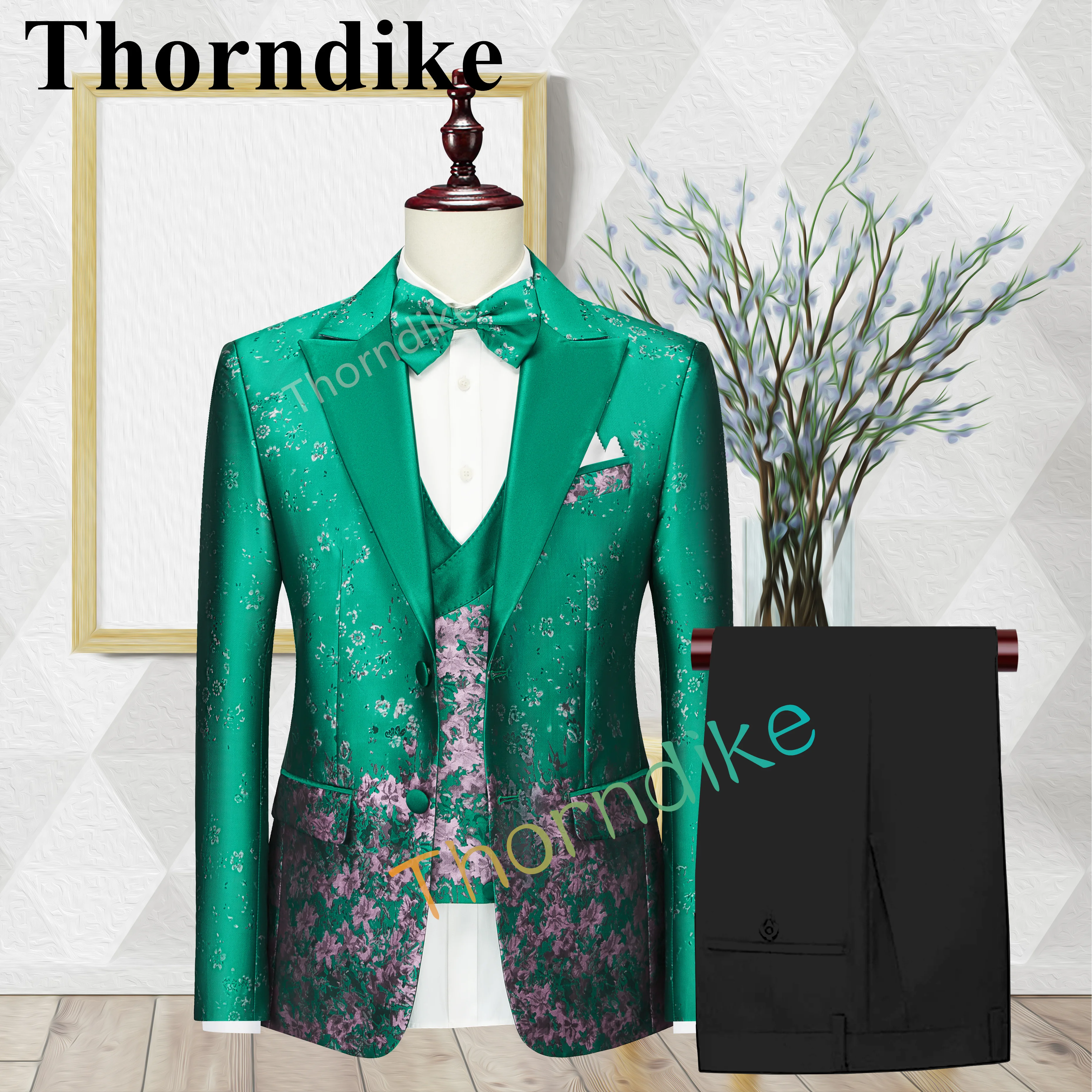 Thorndike Novo Haute bo Ustrezala Couture Poroko Ženina Priložnostne Žakarske Tkanine Jopičem poročna Moda Fant, ki bo Ustrezala 3-delni Set